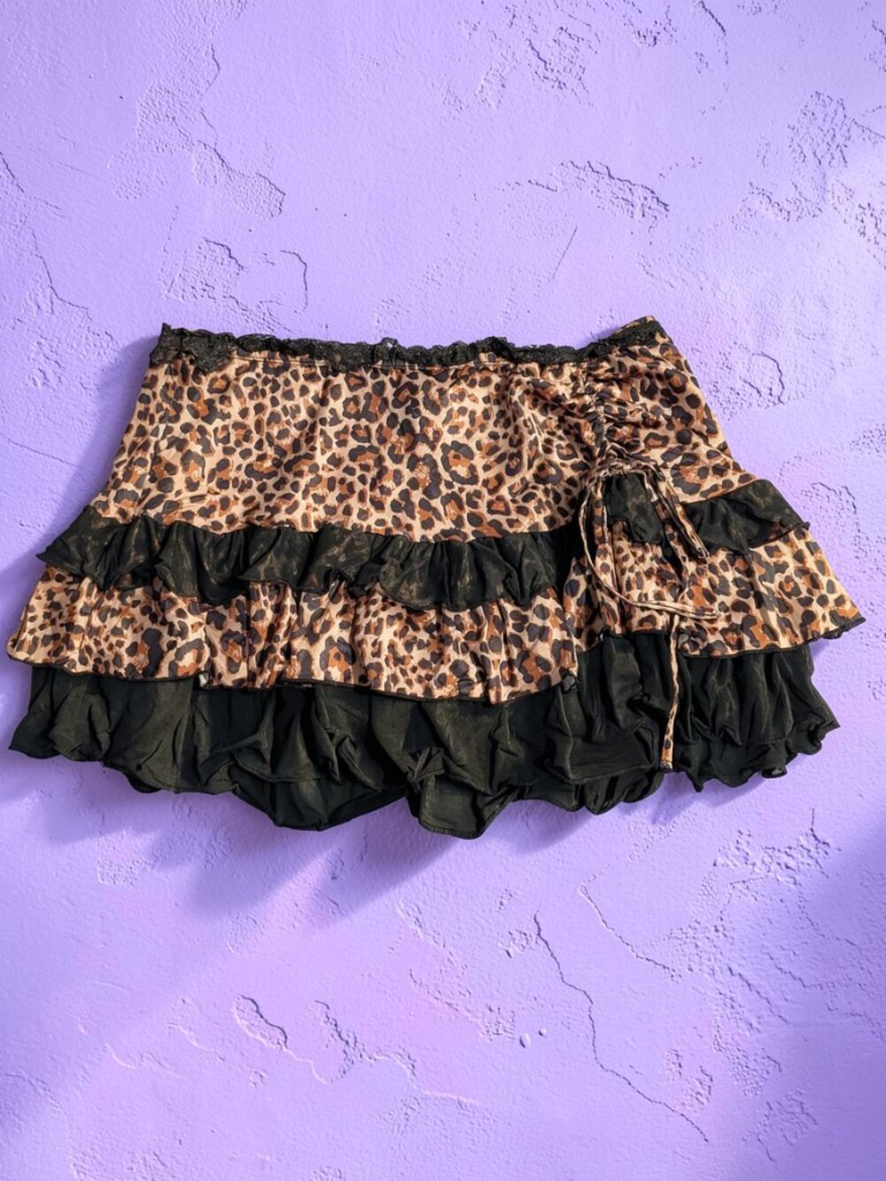 High-Waist Ruffle Layered Drawstring Leopard Micro Skort - Picture 4 of 5